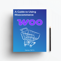 Blue book cover with a shopping trolley image and Woocommerce logo